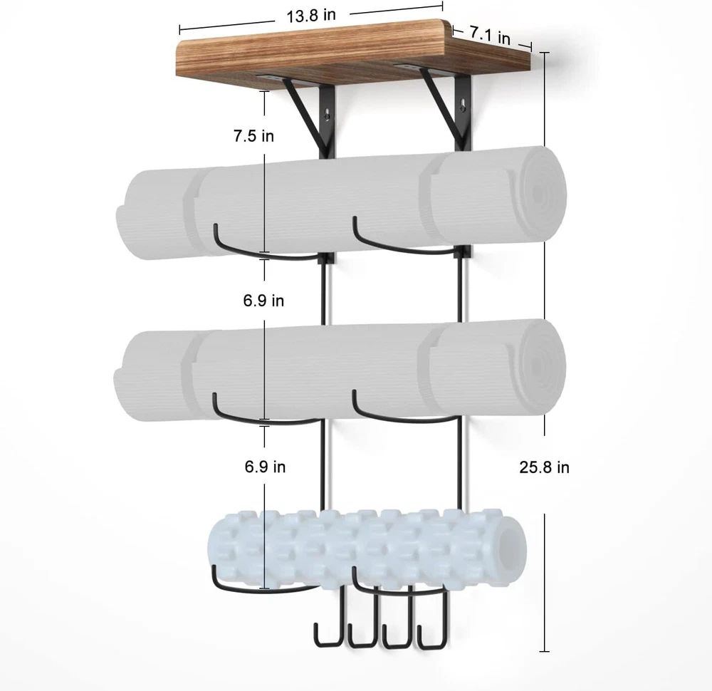 Yoga Mat Holder Wall Mount Yoga Mat Storage Home Gym Accessories with Wood Float