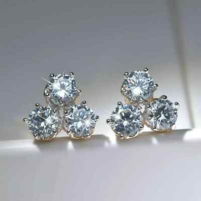 2Ct Lab-Created Diamond Three Stone Stud Earrings 14K White Gold Plated Silver