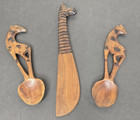 Lot of 3 Hand Carved Wooden Giraffe Spoons & Spreader Utensils Kitchen Decor