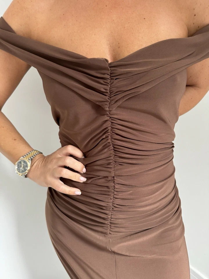 VESTIDO LIPSY TALLA 16 MARRÓN BARDOT FRUNCIDO JERSEY PESADO MAXI NUEVO CON ETIQUETAS Foto 3 de 4