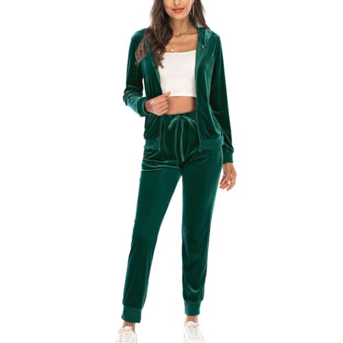 Women's 2 Piece Solid Velvet Tracksuit Set Full Zip-up Hooded Sweatshirts &Pants - Picture 19 of 45