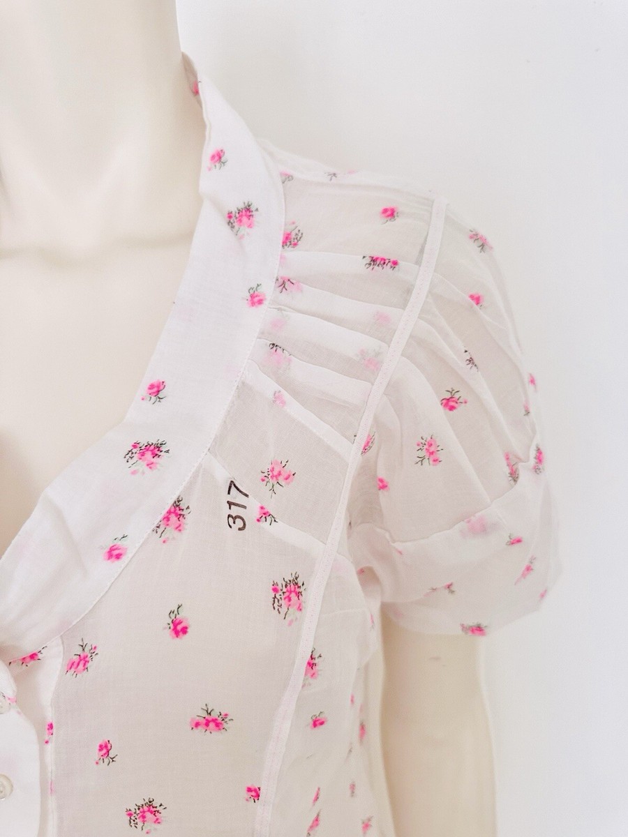 MARITHE' + FRANCOIS GIRBAUD TOP White Cotton Shirt Pink Roses