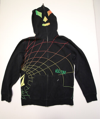 Volcom Full Zip Mask Hoodie Sweatshirt Boys Youth XL Black Rasta Luchador 