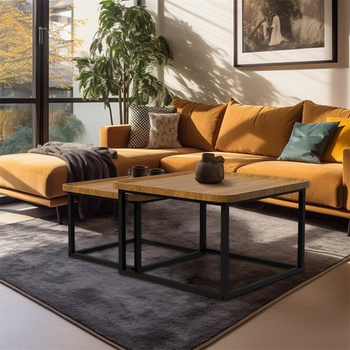 WISFOR Industrial-style Coffee Table 2PCS Wood Nesting Table Metal Leg Sofa Side - Picture 2 of 13