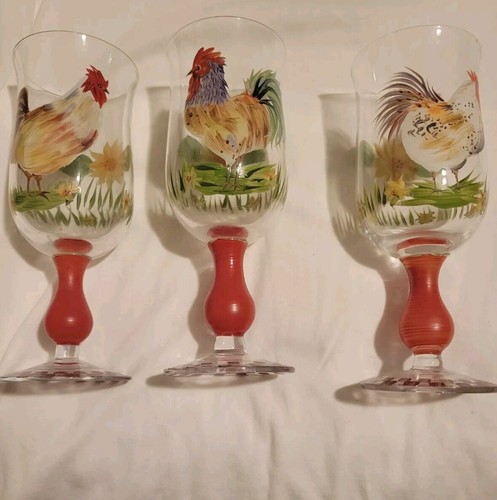 3 Hahn & Sonnenblumen Gläser handbemalt 12 oz Standfuß 8" Gläser Chanticleer