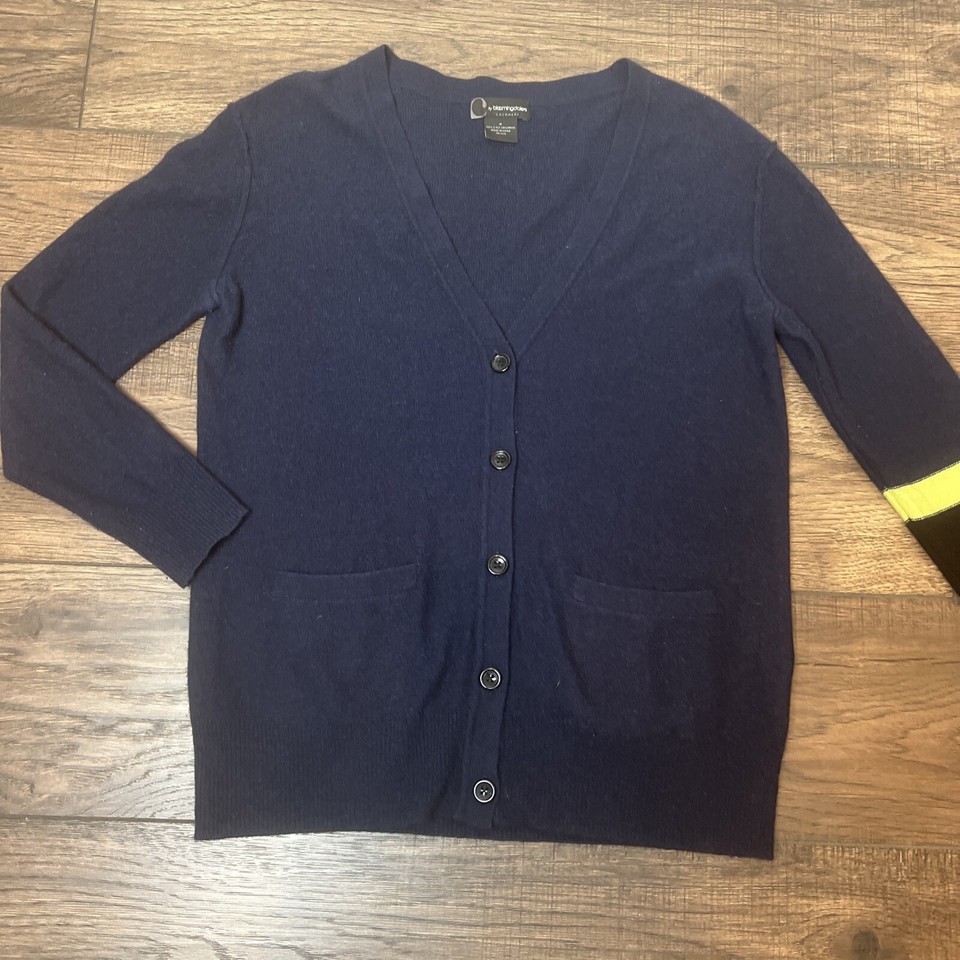 Bloomingdale's Men’s 100 Cashmere Navy Blue Cardigan Sweater Stripe