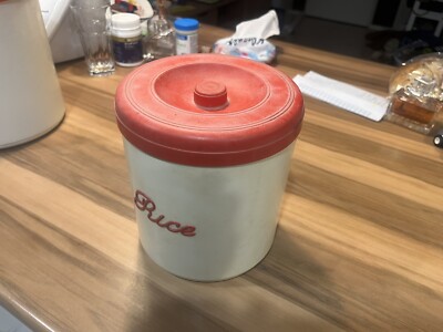 VINTAGE RETRO 1950'S NALLY WARE BAKELITE CREAM & RED RICE CANISTER