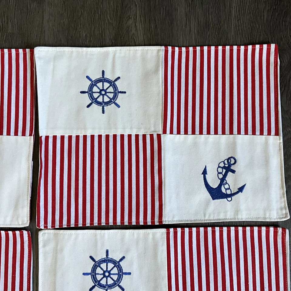 Juego de 4 manteles individuales de algodón a rayas rojas ancla casco náutico Blue Harbour Collection Foto 4 de 4