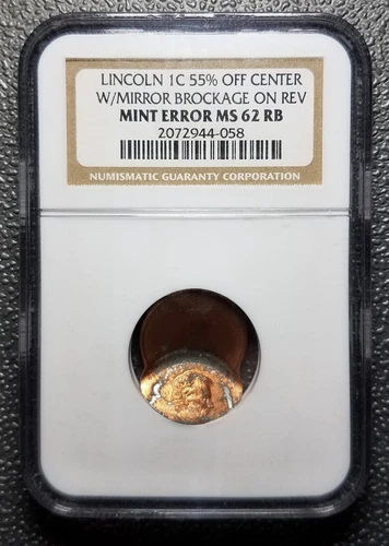 US Lincoln 1C Mint Error 55% Off Center w/Mirror Brockage on Reverse  NGC 62 RB