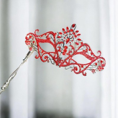 Red crystal mask, silver mask with stick, Theatrical Mask, Wedding Party Mask