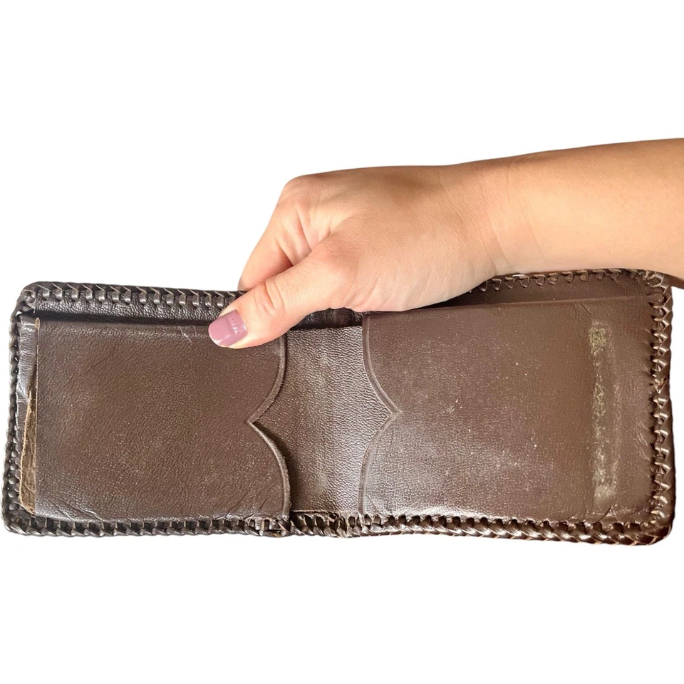 Cartera Doble Plegable de Cuero De Colección Novedad Animal Taquillada a Mano Rústica Naturaleza Terrosa Foto 4 de 4