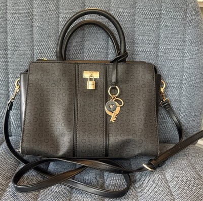 Guess Womens Satchel Handbag Black Monogram G Logo Vegan Leather Gold