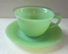 Vintage Jadeite Green Glass Fire King Tea Coffee Cup & Saucer..Jane Ray Ribbed