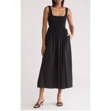 WAYF Smocked Bodice Square Neck Midi Dress Pockets Black Preppy Whimsigoth Sz S