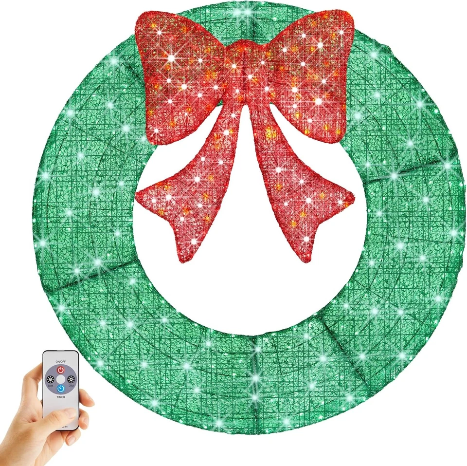 36/48inch Pre-Lit Christmas Wreath LED Lighted Holiday Door Decoration with Bow - Image 3 of 4