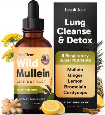 Mullein Drops with Ginger  Lemon for Lung Health and Detox, 2 oz