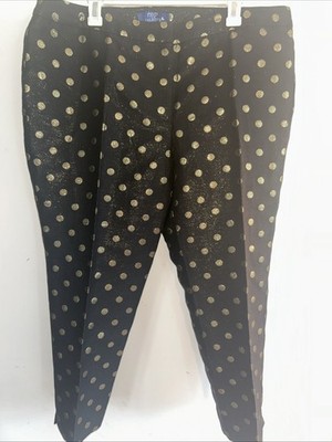 RSVP By Talbots Womens Flat Front Pants 18 P BLACK GOLD POLKA DOT Elastic Back
