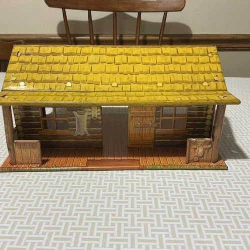 Vintage 1950’s MARX BAR-M RANCH LOG CABIN TIN Litho Play Set Toy