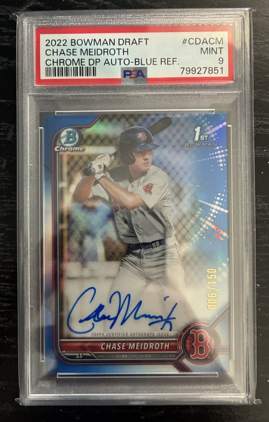CHASE MEIDROTH 2022 BOWMAN DRAFT CHROME AUTO BLUE REFRACTOR /150 PSA 9