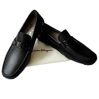 NEW Ferragamo Bit Loafers 7 D Black Pebbled Leather Men's Drivers Dress Slip-on