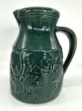 Vintage Rowe Pottery Works Pitcher Dark Green Maple Leaves Stoneware 8.25" EUC