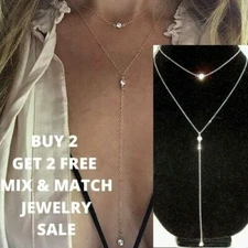 Rhinestone Lariat Necklace Choker Layered Dainty CZ Y Drop Simple Silver Gold