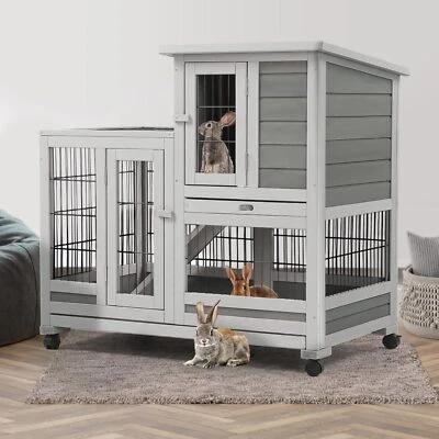AECOJOY Rabbit Hutch Pet House for Small Animals Guinea Pig House w/Run Indoor & Outdoor