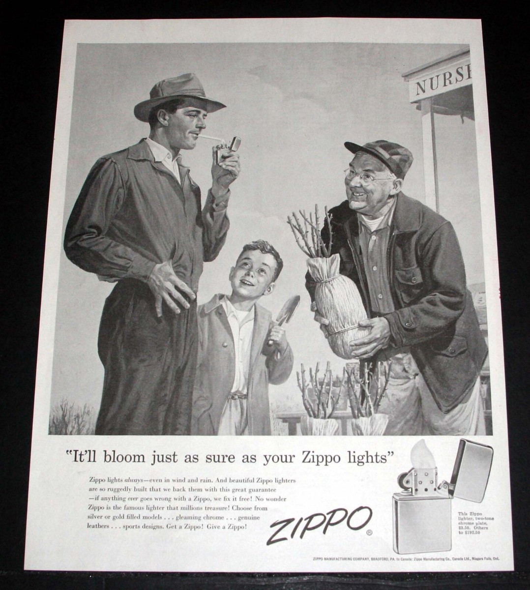 1956 OLD MAGAZINE PRINT AD, ZIPPO LIGHTERS LIGHT, WORK EVEN