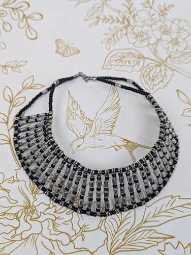 Handmade 1960s Choker Beaded Collar Black Silver Intricate 1.5" Wide Design Rare - Picture 23 of 24