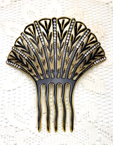 Vintage Tortoise Celluloid & Clear Rhinestone Art Deco Decorative Hair Comb - Picture 9 of 9