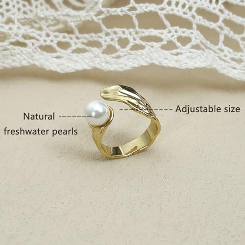 Gold Pearl Ring, Adjustable Pearl Rings for Women, Freshwater Pearl Ring, June - Picture 8 of 8