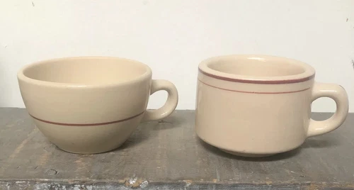 Two Vintage Diner Mugs Beige With Maroon Stripes Different Styles