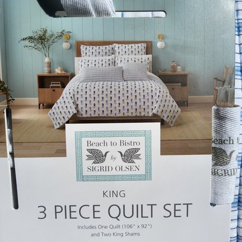 Sigrid Olsen Seahorse Beach King Quilt w/ Shams Blue White Reversible Stripe NEW - Picture 5 of 5