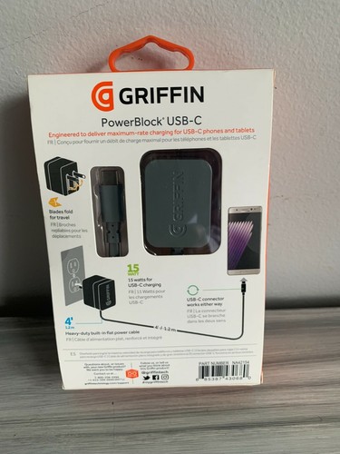 Griffin Powerblock Wall Charger 3.0 Amp with 4 Ft. USB-C Cable - Gray(NA42154) - Picture 2 of 2