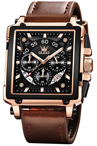 Square Watches for Men Brown Leather Chronograph Fashion
