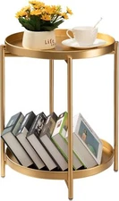  2-tier gold side table, foldable round metal side table, small bedside table