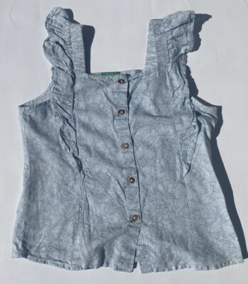 United Colors of Benetton Linen Cotton Top Girls Size 12 Blue Ruffle Detail