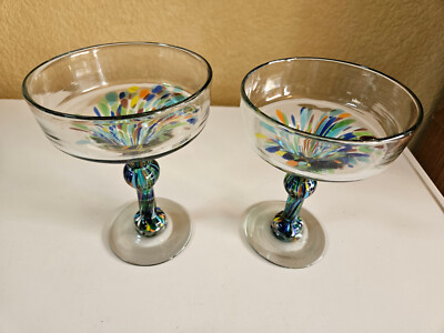 Hand Blown In Mexico 2 Cocktail Margarita Glasses Multicolor Twist Bulb Stem #2