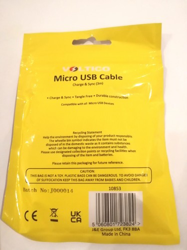 Voltico Micro USB Cable 3M New 5060801723824 Tangle Free Black - 第 2/3 張圖片
