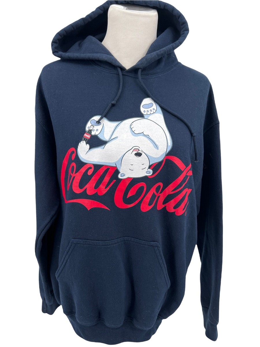 Coca Cola Navy Blue Polar Bear Red Script Logo Hoodie Sweatshirt Size Medium