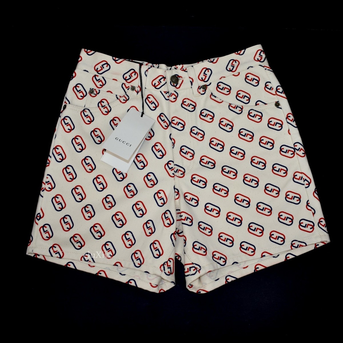 NWT $880 GUCCI Mens Red Blue GG Logo Print Twill Denim
