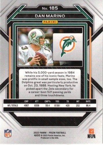 DAN MARINO-QB-MIAMI DOLPHINS-2022 PANINI-PRIZM FOOTBALL #185-SUPER NICE-HOFER - Picture 2 of 2