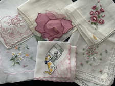 Vintage Lot 6 Hankies Pink Embroidered Swiss Madeira Tremble Flower Lace Kitten