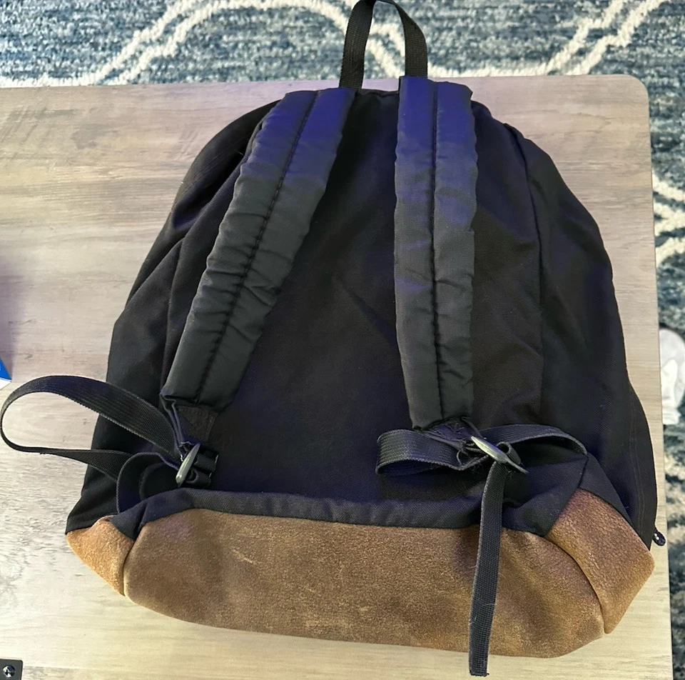 Mochila de Colección JanSport EE. UU. Parte Inferior de Cuero Negra Años 90 Retro Senderismo Bolso para Libros Foto 4 de 4