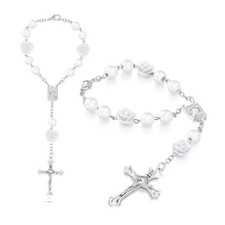 2PCS Car Rose Rosary for Rearview Mirror, Personalized Blessing Rear View White