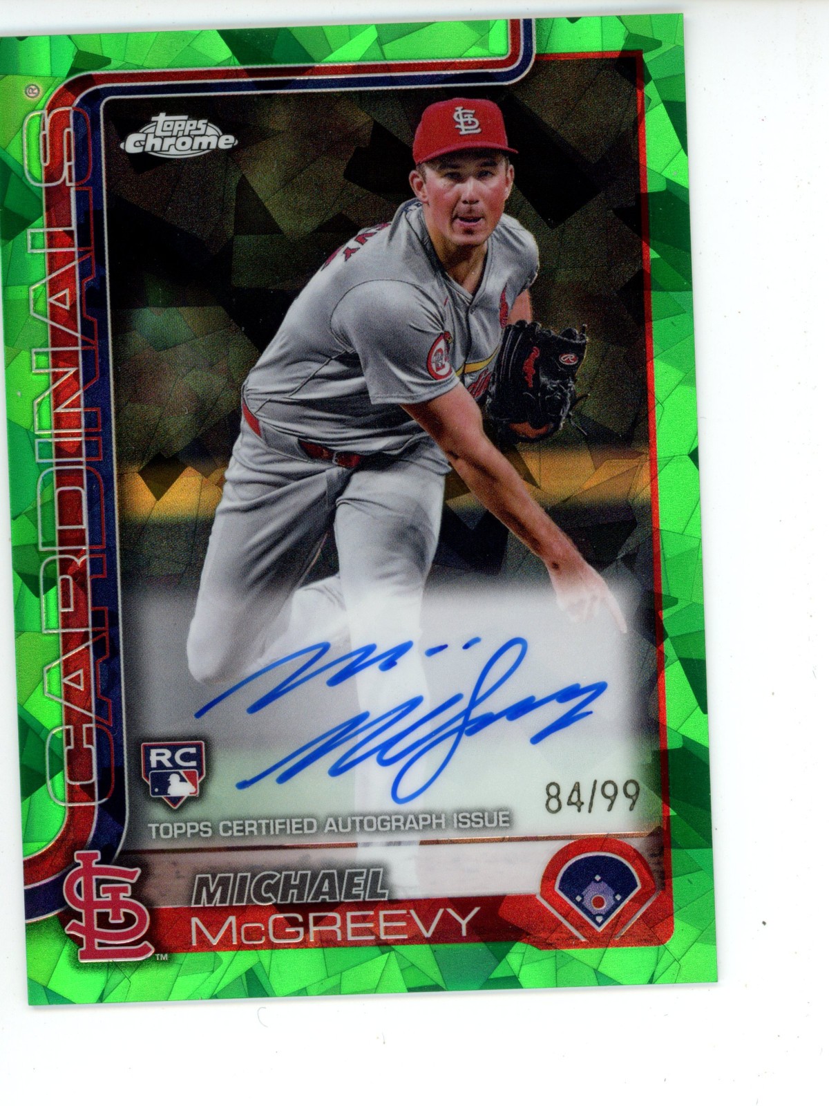 2025 Topps Chrome Sapphire Rookie Auto /99 RC Michael McGreevy Green Cardinals