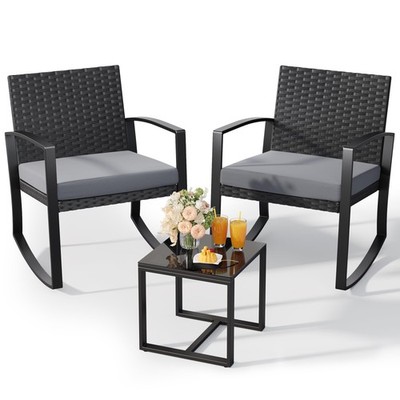 Qsun 3 Pieces Patio Furniture Set Rocking Bistro Set Outdoor Rattan Conversation