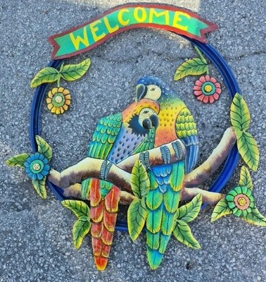 Printed Tin Metal Sign Tropical Beach Parrot Welcome Wall Art  29x27