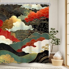 Japanese Cloud Shower Curtain 60Wx72L Inch Black Waves Boho Mountain Oriental...