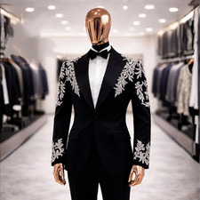 Black Men Suit Luxury Jacket Peak Lapel Silver Embroidery for Prom Evening 2Pcs